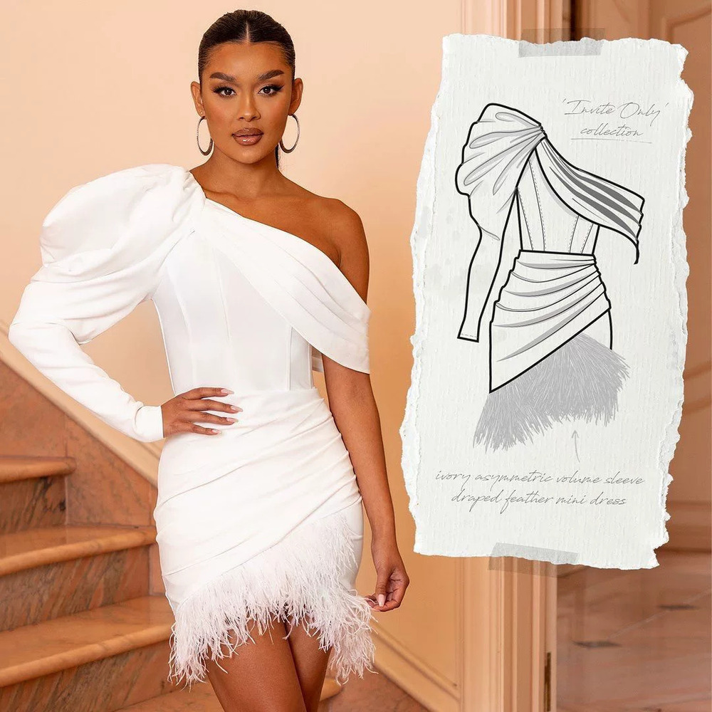 ZARA Sexy French Asymmetric One Shoulder Feathered Pleated Mini Dress